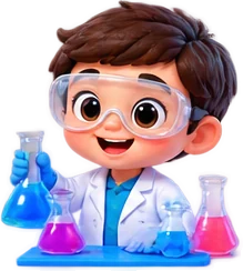 A boy in a lab coat with colourful flasks