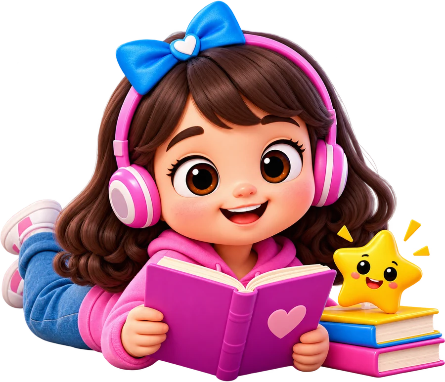 A girl with headphones reading a picture book