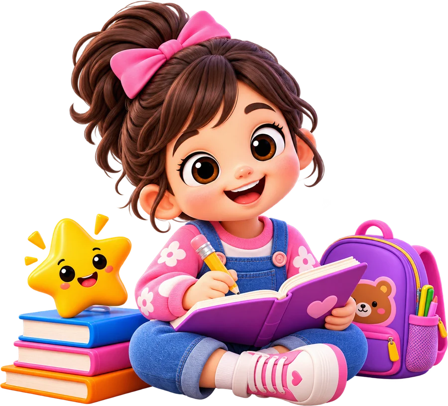 A girl writing in a notebook next to a smiling star