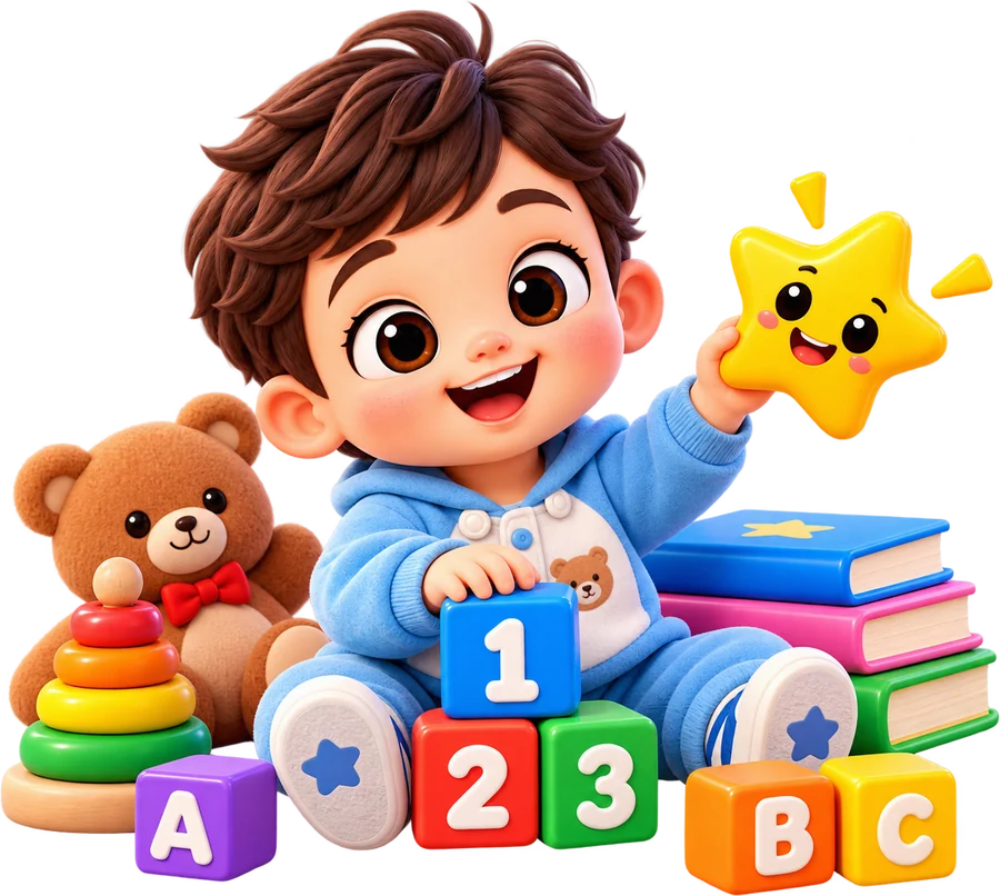 A toddler playing with letter and number blocks