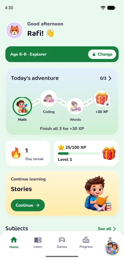 The Explorer home for ages 6–8: today's adventure road, the day streak and XP, and Continue learning