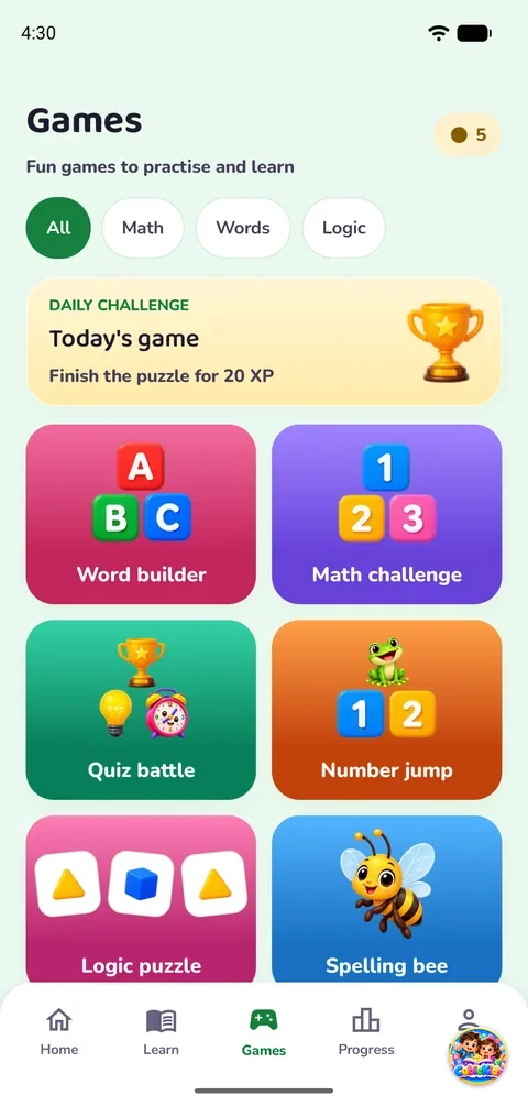 The Games tab: today's game, then Word builder, Math challenge, Quiz battle, Number jump, Logic puzzle and Spelling bee