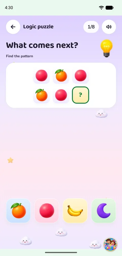 Logic puzzle: what comes next in a pattern of apples and oranges